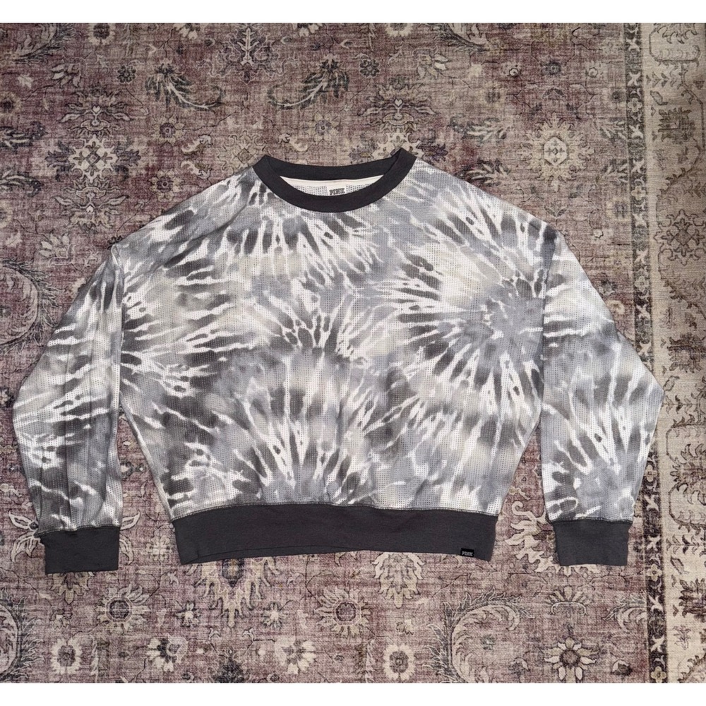 Victoria's Secret PINK Mesh Jersey Top Gray White Tie-Dye Crewneck XL
